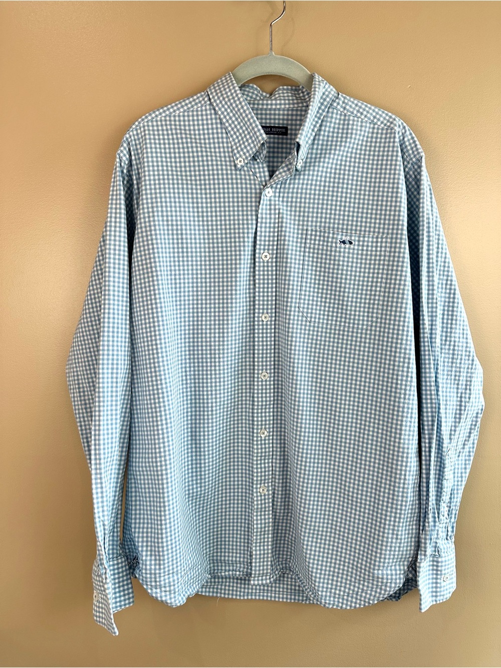 Fish Hippie Tailored Fit Blue White Gingham Button Down Shirt Men’s Large Preppy